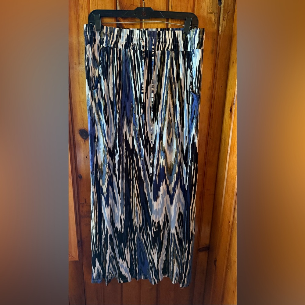 Design History Womens large Knit Maxi Skirt Blue Olive Green White Print Pull-On